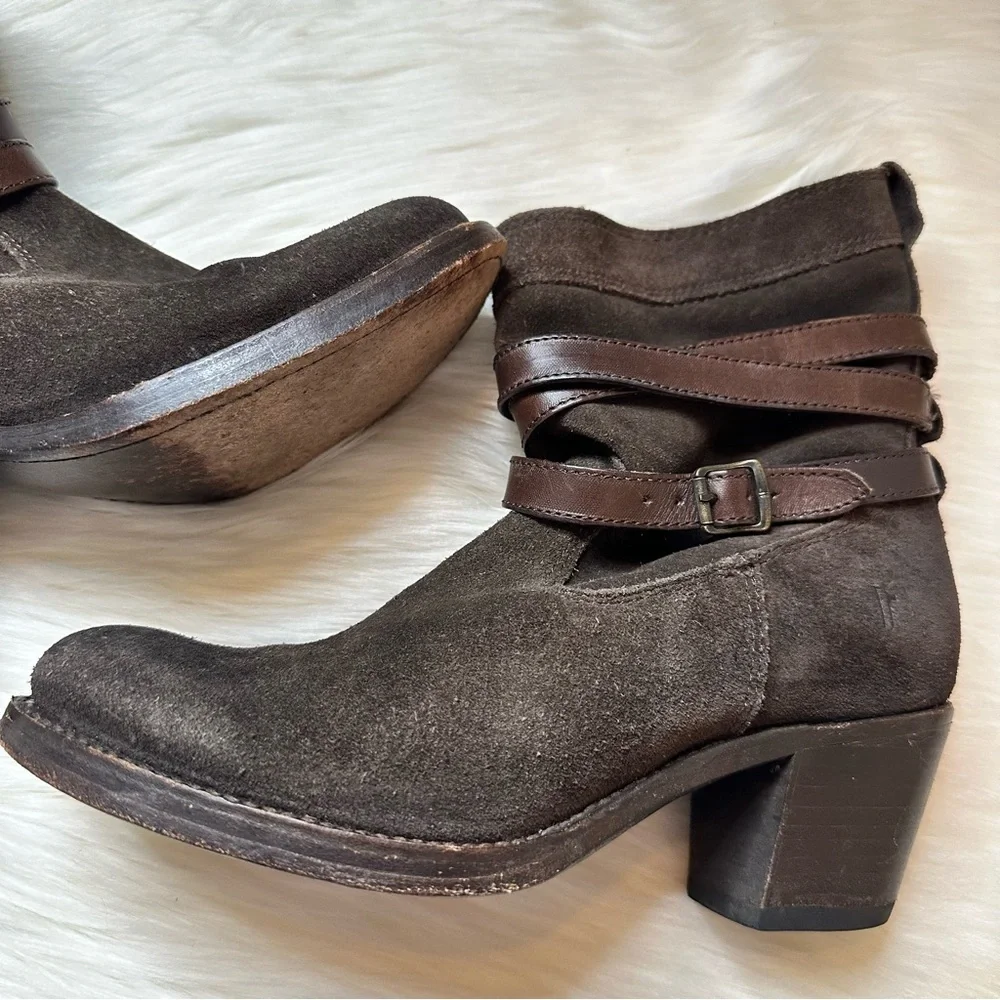 Frye Jane Strappy Oiled Suede Leather Heeled Short Boot Brown Women Size 5 1/2